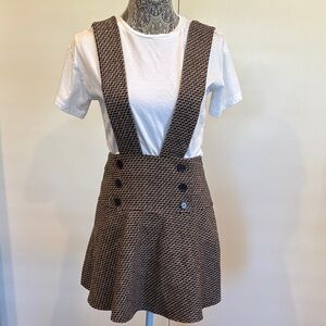 Forever 21 Brown Tweed Houndstooth Pinafore Overall Skirt Schoolgirl Academia